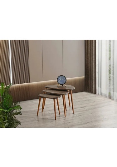 Favdecor Masif Doğal Ahşap Zigon Sehpa 3'lü Set Koyu Meşe