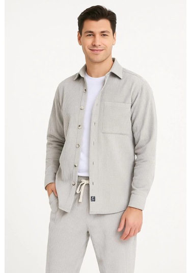 Erkek Kadife Oversize Takım - Gömlek Ve Pantolon İkili Set Füme Corduroy Şıklığı, Rahat Ve Zarif Duruş Yumuşak Dokulu Kadife Kumaş, Düğmeli Gömlek Üst Ve Lastikli Pantolon Alt Parça İle Gün Boyu Konfor- Gri Çok Renkli