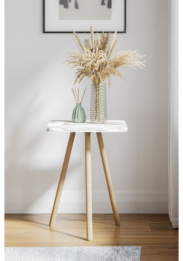İntergo Kare Tasarımlı Ahşap Ayaklı Tekli Zigon Sehpa Beyaz Mermer