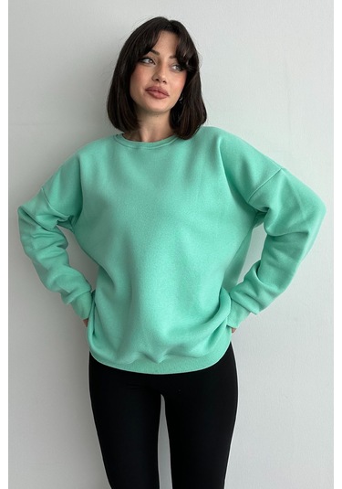 Kadın Mint Yeşili Bisiklet Yaka Oversize Sweatshirt Mint Yeşili