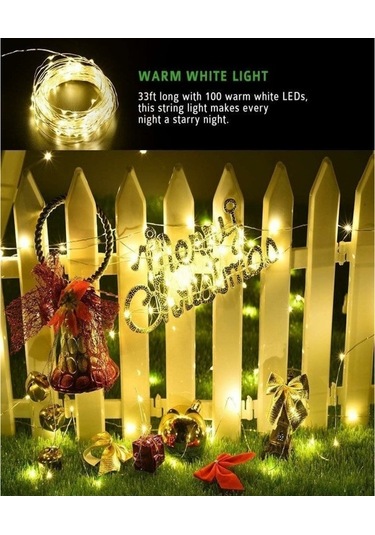 Pazly Güneş Enerjili Peri Işıkları - 10m 100 Led Sıcak Beyaz Aydınlatma