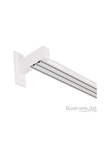 Napoli Ahşap Başlıklı 3 Kanallı Alüminyum Dekoratif Ray Korniş Modern Rustik Beyaz 225 Cm Beyaz