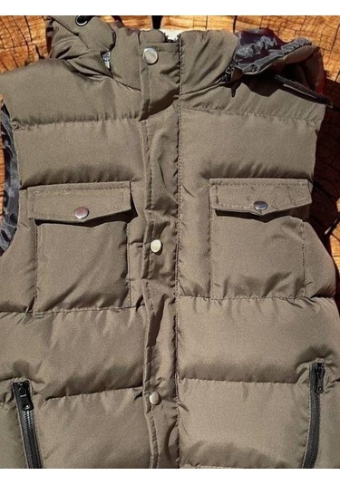 Çocuk Kapüşonlu Cep Detaylı Şişme Kalın Yelek-15008 Haki