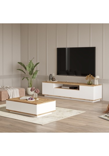 Robin Home Loft Tv Ünitesi Orta Sehpa 2'Li Set Çam-Beyaz