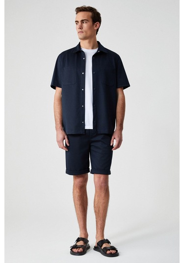 GRIMELANGE Melos Erkek Kısa Kollu Cepli Çıtçıtlı Relaxed Fit Lacivert Gömlek Lacivert