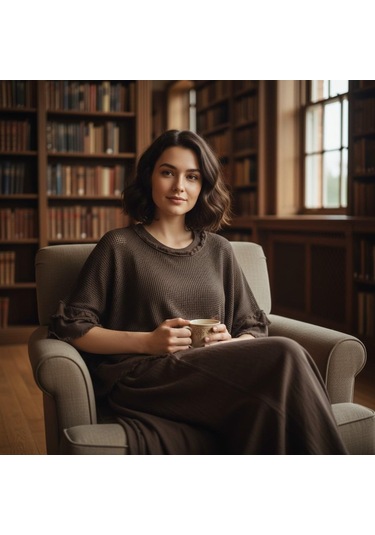 İtalyan Saçak Detaylı Müslin Keteni Yırtmaçlı Elbise - Bluz & 2'li Takım Koyu Kahve