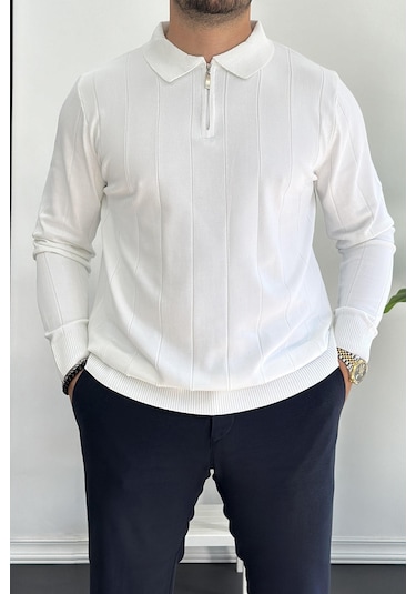 Erkek Yarım Fermuarlı Polo Yaka Mevsimlik Kazak Beyaz Edw195 Beyaz