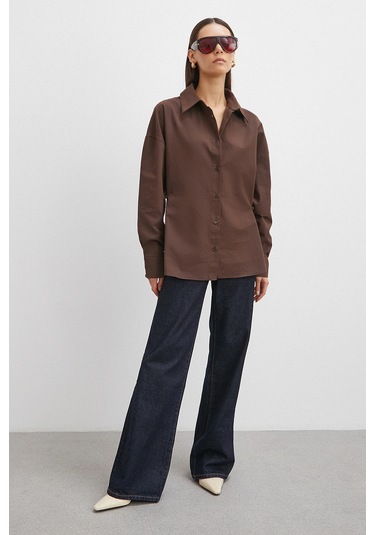 Düğme Detaylı Pamuklu Gömlek Kahve Kahve