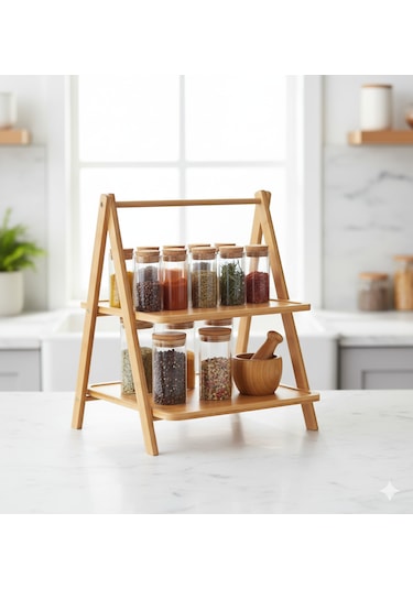 Bambu Baharat Standı, Katlanır Ayaklı, 3 Katlı Bambu