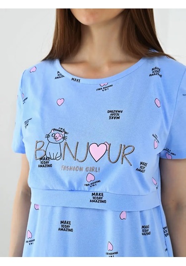 A Mamocka Kısa Kollu, Desenli Triko Gece Gömleği 111373954 Açık Mavi