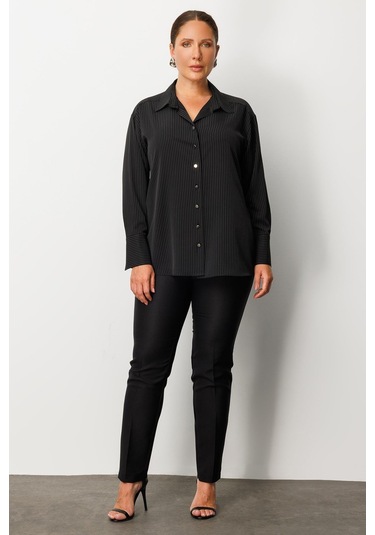 Moda İlgi Kadın Büyük Beden Simli Çizgili Gömlek 0034 Siyah Siyah