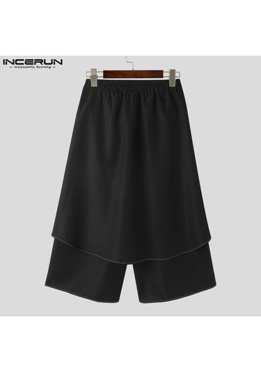 Incerun Sonbahar Sahte İki Parçalı Pileli Düzensiz Etek Uzun Pantolon Siyah