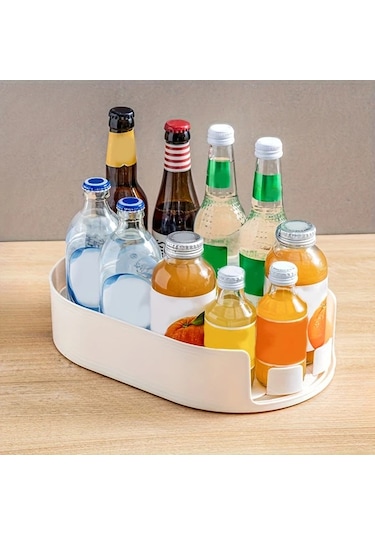 Honeybeeshop Bej Şeffaf Plastik Mutfak Depolama Tepsisı 360 Dönen Ayrılabilir Çok Bölmeli Raf Bej