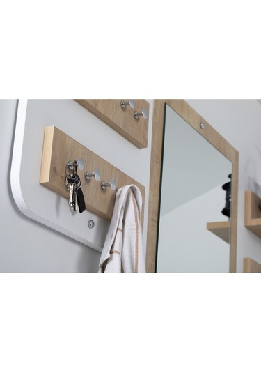 Elbise Askısı / Aynalı Askı / Dekoratif Askılık / Portmanto /duvar Askılık / Flora Dafne Beyaz - Meşe