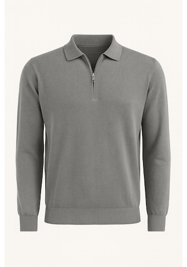 Slim Fit Polo Yaka Uzun Kol Erkek Triko - 7464 Gri
