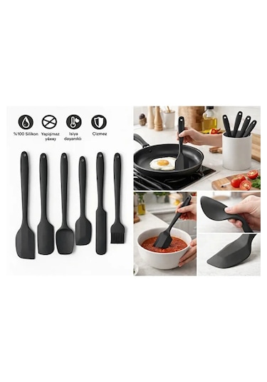 Isıya Dayanıklı Yanmaz Yapışmaz Silikon Spatula Seti 6 Parça Siyah Mat Siyah