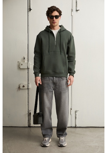 Grimelange Justus Erkek Kapüşonlu Kanguru Cepli Fermuar Yakalı Yeşil Sweatshirt Yeşil