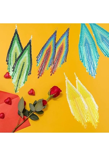 Uzun Boncuklu Püskül Küpeler - Çizgili Bohem Saçaklı Sarkan Küpe Mavi