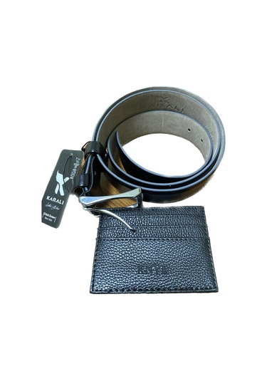 Karalı Erkek Siyah Klasik Desensiz Takım Elbise Kemeri + Kartlık 2083-1-125 Cm 001