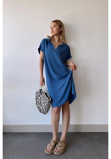 Kadın İndigo Kısa Kol, Polo Yaka, Dokulu Desen, Basic Kalıp/kesim, Aerobin Rahat Midi Elbise Indigo