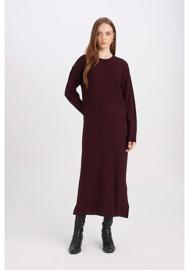 DeFacto Regular Fit Bisiklet Yaka Basic Düz Uzun Kollu Triko Elbise D7510AX24WNBR171 Bordo