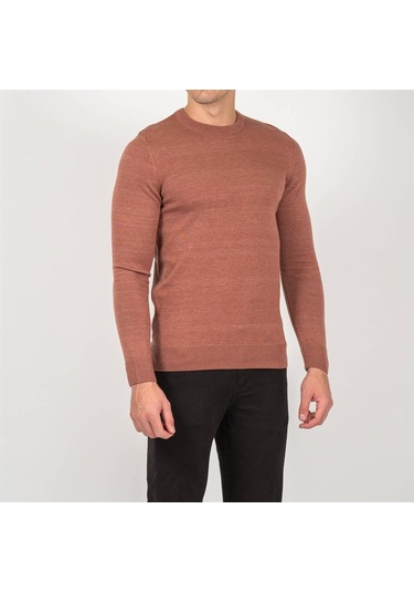 Erkek Bisiklet Yaka Triko Slim Fit Pamuklu Kazak Ncs Jeans 3002-Kiremit Melanj