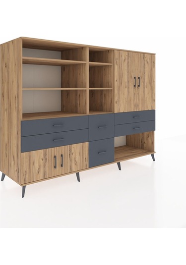 Kronos Dolap 10 Raflı 6 Çekmeceli 4 Kapaklı 220x59x163 Çam-çam/an Çam-çam/antrasit