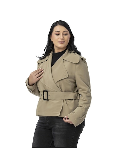 Büyük Beden Mono Yaka Kemerli Astarlı Kısa Çağla Yeşili Trençkot Çağla Yeşili