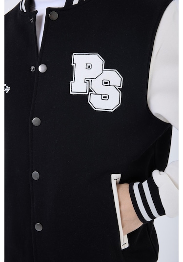 Erkek 3 İplik Pamuklu İçi Polarlı Regular Fit Nakışlı Siyah Kolej Ceket Siyah