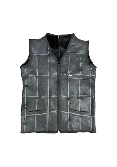 Patchwork Içi Kürk-Dışı Süet Hakiki Deri Biye Detaylı Yelek Siyah