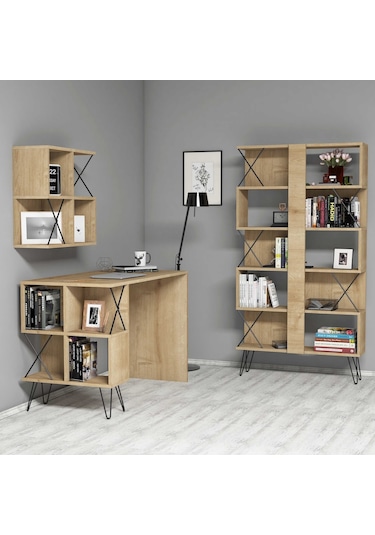 Variant Extra Raflı Çalışma Masası Ve Kitaplık Takımı - Meşe