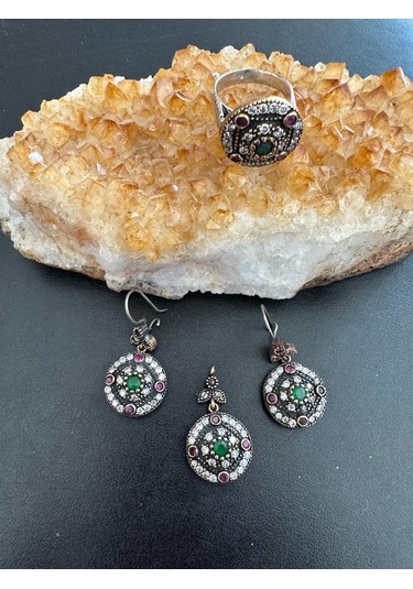 Aysesa Yakut Zümrüt Zirkon Bakır Görünümlü Kadın Gümüş Set