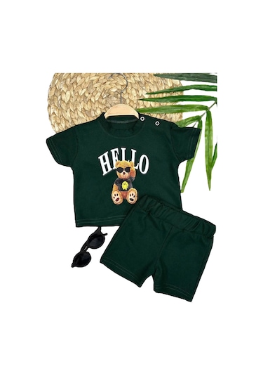 9-12-18-24 Ay Hello Gözlüklü Ayıcık Baskılı Şortlu Kısa Kollu Tişört 2li Erkek Bebek Takımı Yeşil