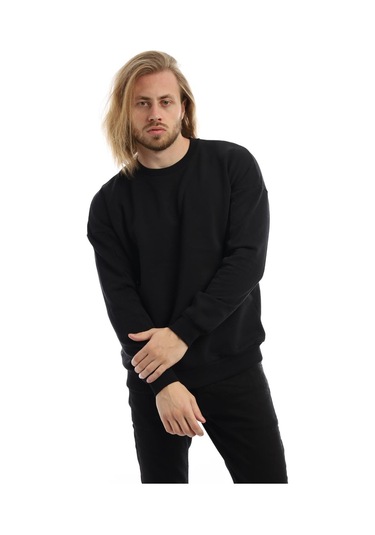 Erkek Bisiklet Yaka Karyoka Dikişli Sweatshirt Siyah