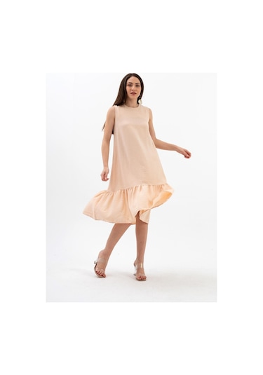 Kristal Keten Kolsuz Kadın Salaş Elbise - Somon-somon