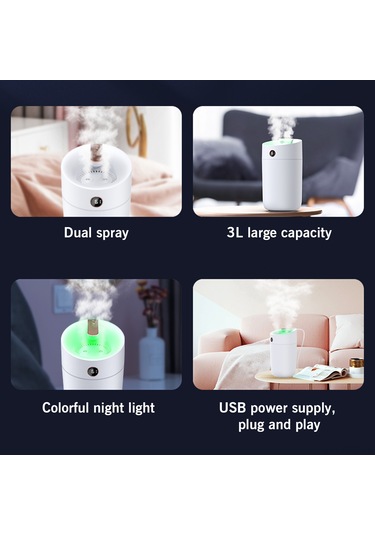 Ruicoo X12 3l Büyük Kapasiteli Ultrasonik Nemlendirici, Otomatik Kapanma, Renkli Gece Işığı, Usb Güç, Sessiz Çalışma