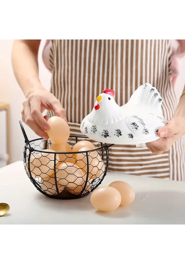 Willowhaven Beyaz Seramik Yumurta Saklama Kutusu Tavuk Desenli Metal File Ve Çiçek Dekor Beyaz