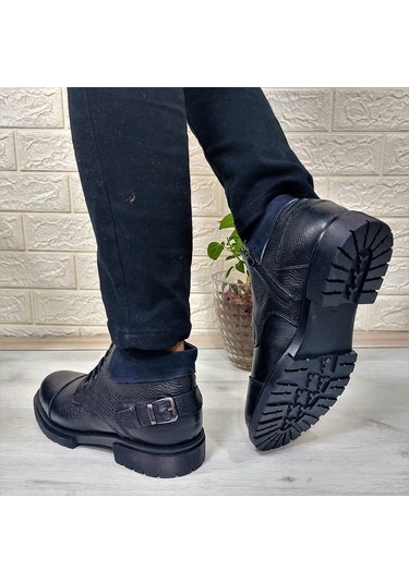 M.P 4201 Siyah Hakiki Deri Bağacaklı Fermuarlı Fuspetli Erkek Bot 001