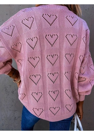 Pazarella Kadın Uzun Kollu V Yakalı Kalpli Salaş Triko Bluz Pembe
