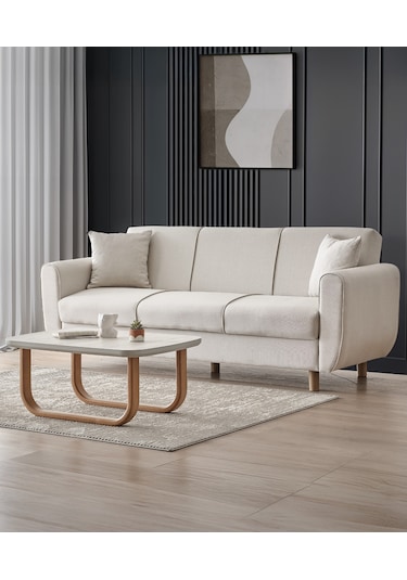 Flavia 3'lü Kanepe Salon, Oturma Odası Yataklı Bazalı Krem