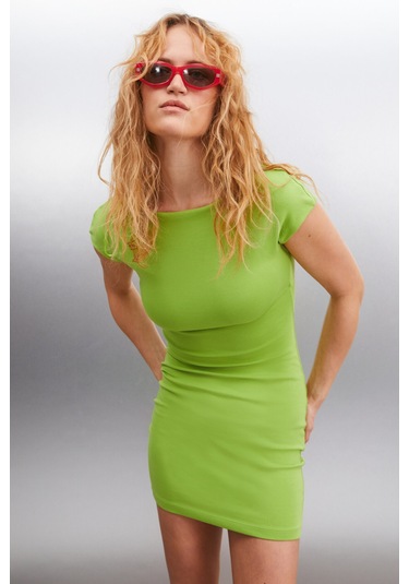 Arcene Kadın Organik Pamuklu Likrali Vücüdu Saran Bodycon Tek Parça Yeşil Elbise