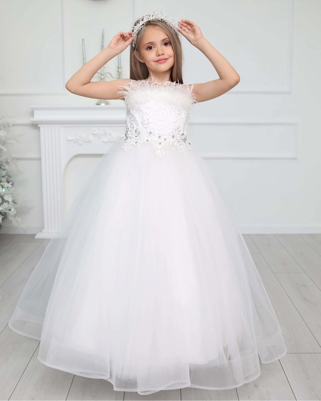 Uğur Böceği Çocuk Tüylü Incili Abiye Taçlı 2'li Set Takım Beyaz