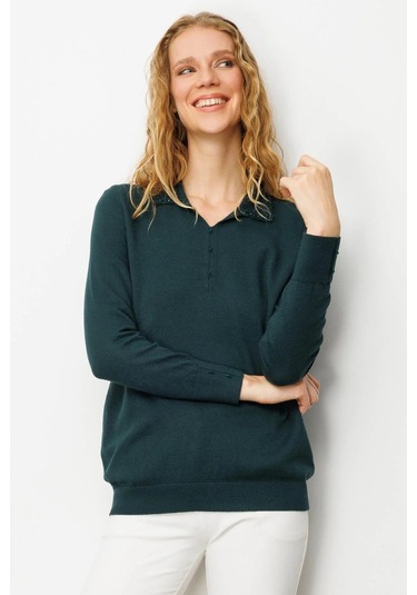 Desen Triko Kadın Polo Yaka Nakış İşlemeli Ligralı Bluz 25092 Yeşil Yeşil