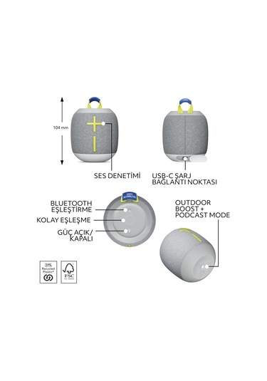 Ultimate Ears Wonderboom 4 Taşınabilir Su Geçirmez Bluetooth Hoparlör, Büyük Bas Ve 360 Derece Ses - Gri