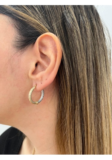 Altın Nesil - 14 Ayar Altın Sarı Beyaz Boru Orta Halka Küpe Altın - Beyaz Altın