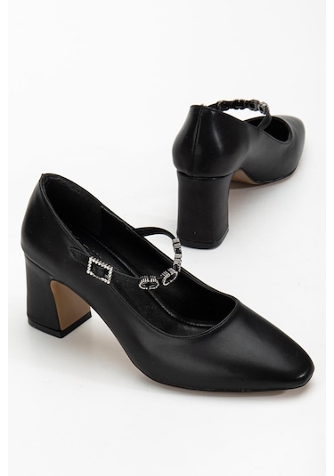 Kadın Stiletto Topuklu Ayakkabı Siyah Suni Deri Baret Taşlı Kalın Topuklu-4171 Siyah