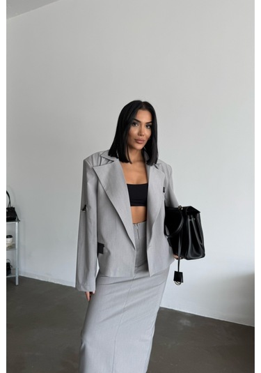 Sensuelle Crop Ceket - Etek Takım - Gri