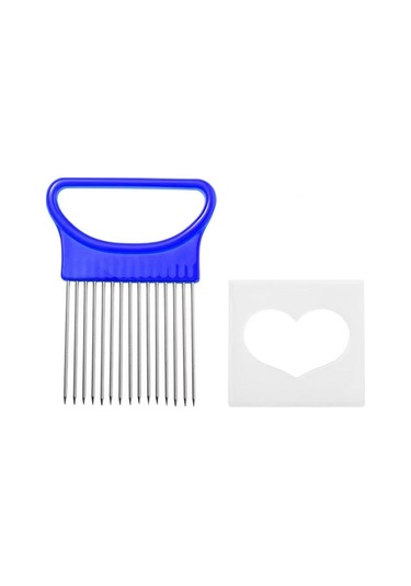 Paslanmaz Çelik Soğan Tutucu Kaymaz Saplı Soğan Patates Domates Limon Dilimleme Dilimleyici Kesici Mutfak Sebze Doğrayıcı Alet Mavi