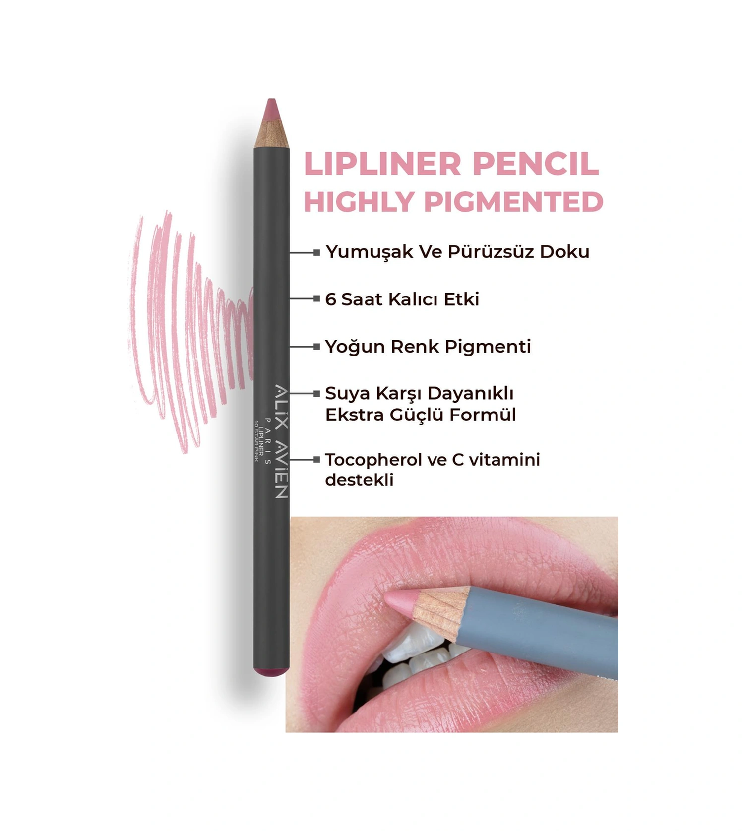 Alix Avien Uzun Süre Kalıcı Dağılma Yapmayan Nemlendirici Dudak Kalemi Lipliner Pencil 10 Star Pink