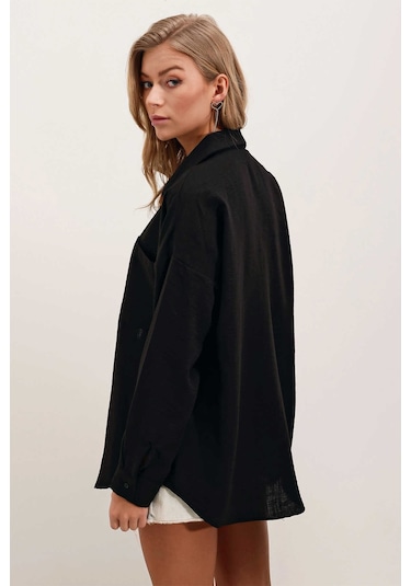Giyim Dünyası Kadın Tek Cepli Oversize Gömlek Siyah 001
